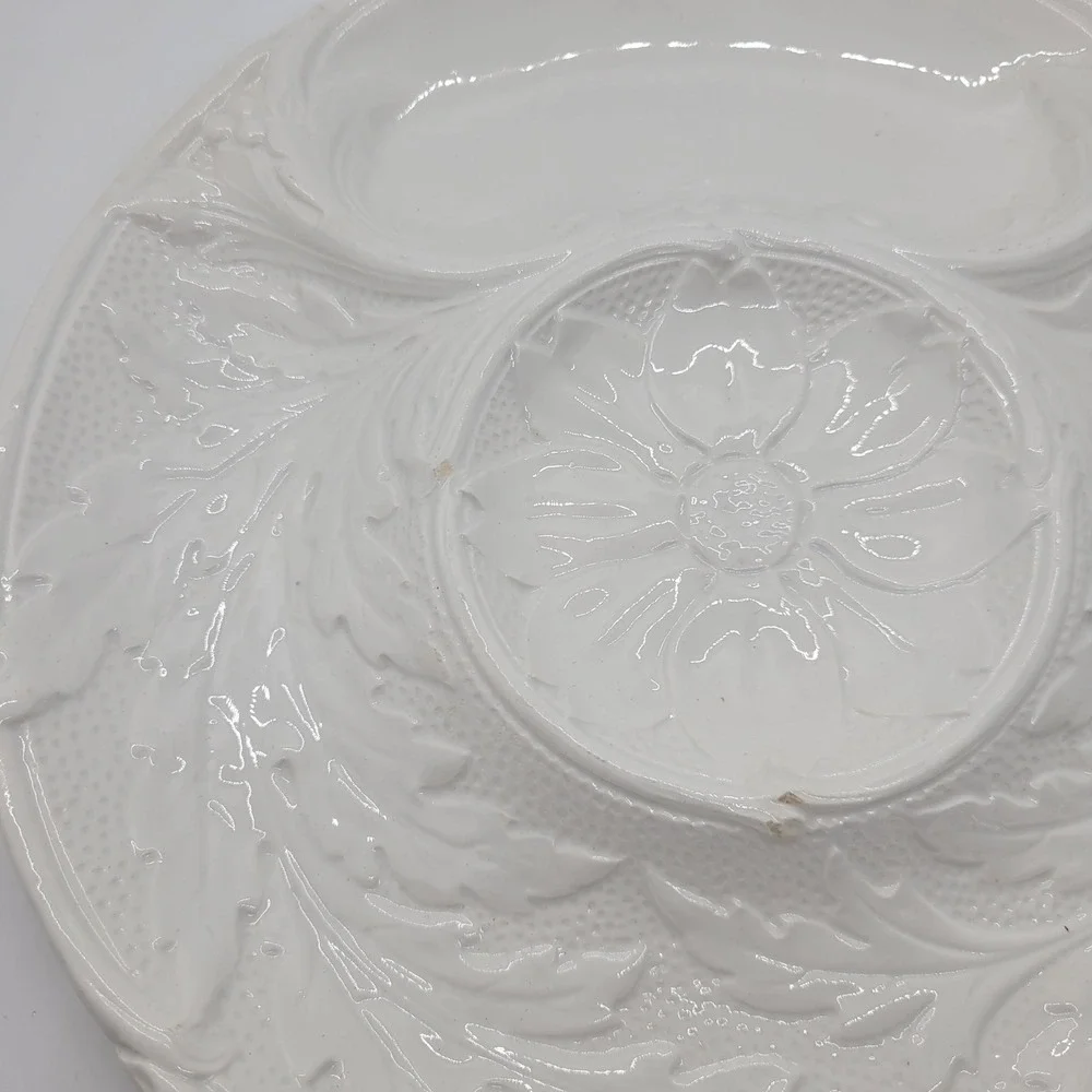 Vintage P.V. France White Majolica Artichoke Plate Floral Embossed Relief 9